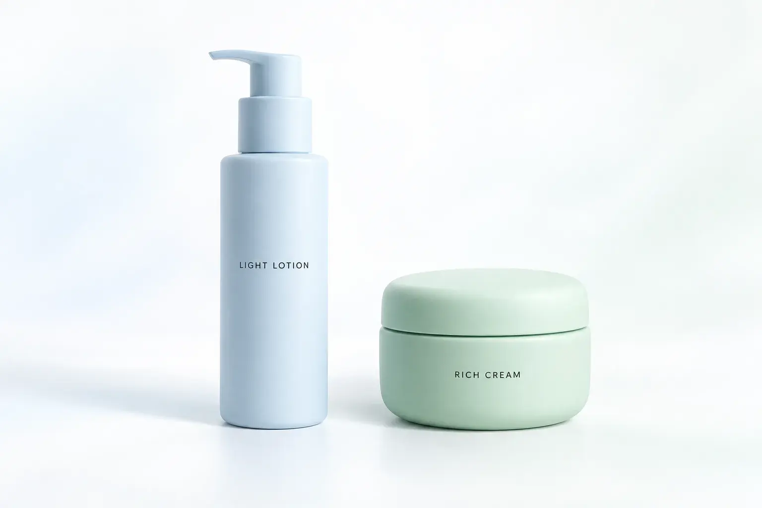 Fictional light lotion and rich cream containers